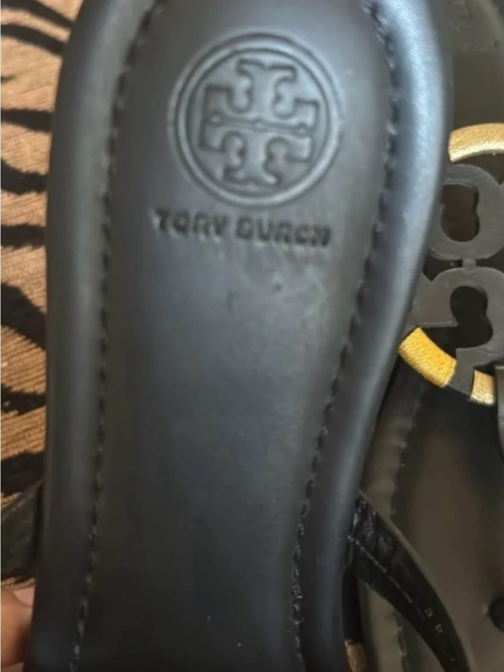 Tory Burch Miller Black Leather Logo Thong Sandals with Red, Green Yellow Accent